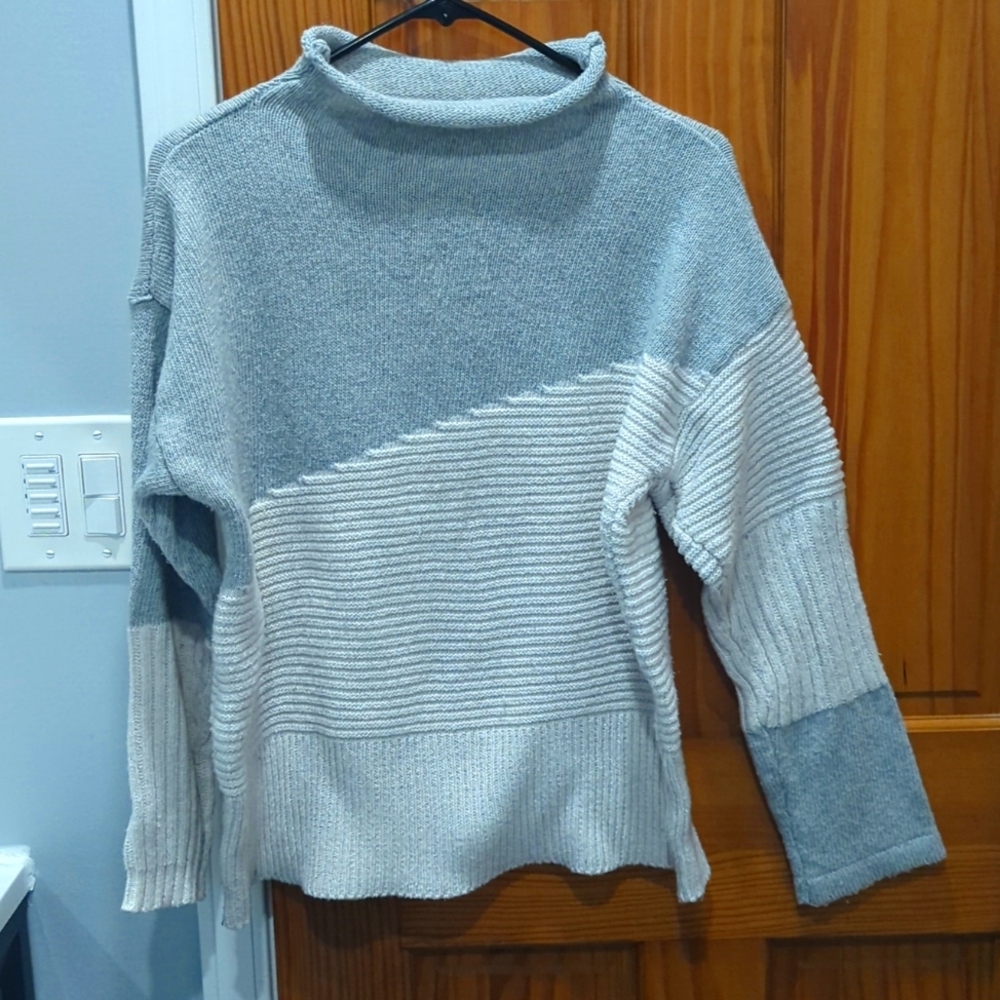 Cozy grey and white cowl-neck sweater